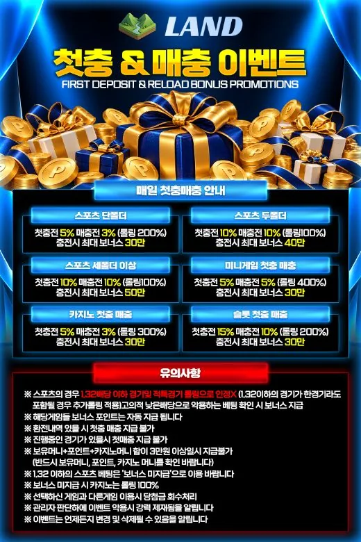 LAND 첫충 & 매충 이벤트 안내 이미지 - 종목별 최대 50만 보너스